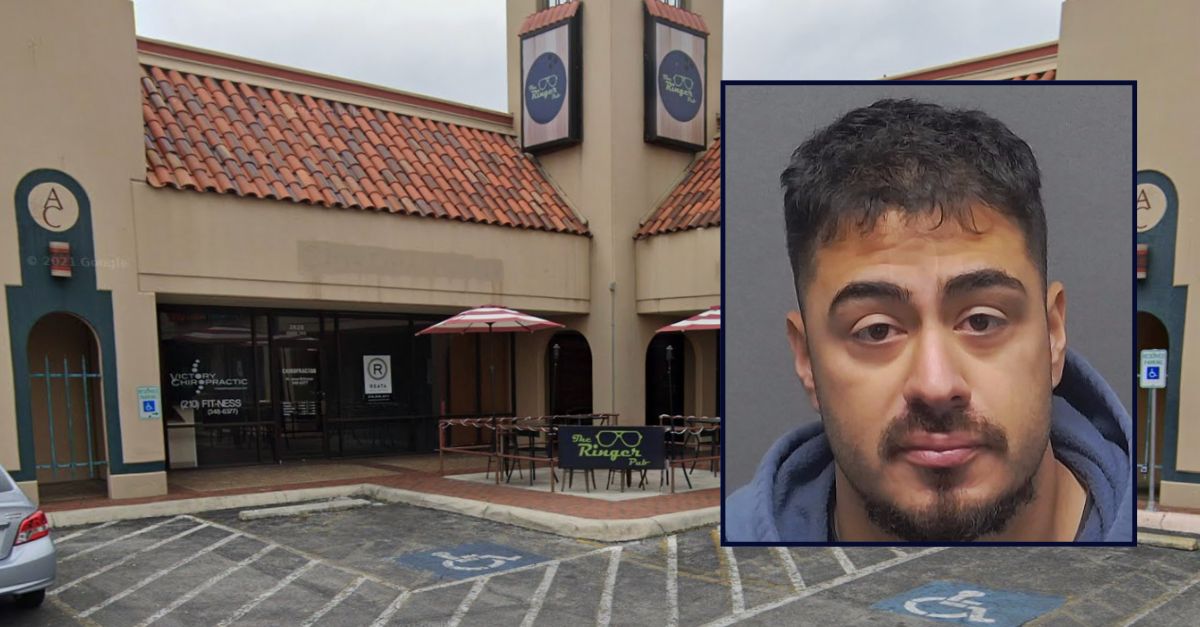 Inset: Luis Armondo Diaz Mendez (Bexar County Jail). Background: The pub where Diaz Mendez allegedly threatened to kill people in San Antonio, Tex. (Google Maps).