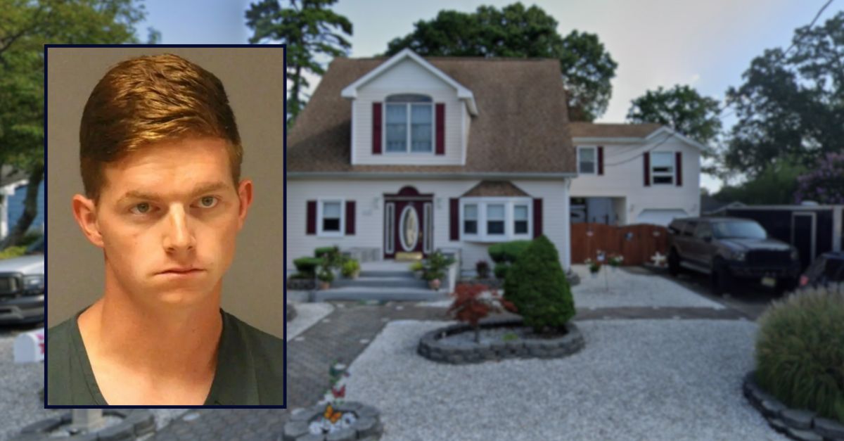 Mark J. Austin appears in a booking photo inset against an image of a house in New Jersey.