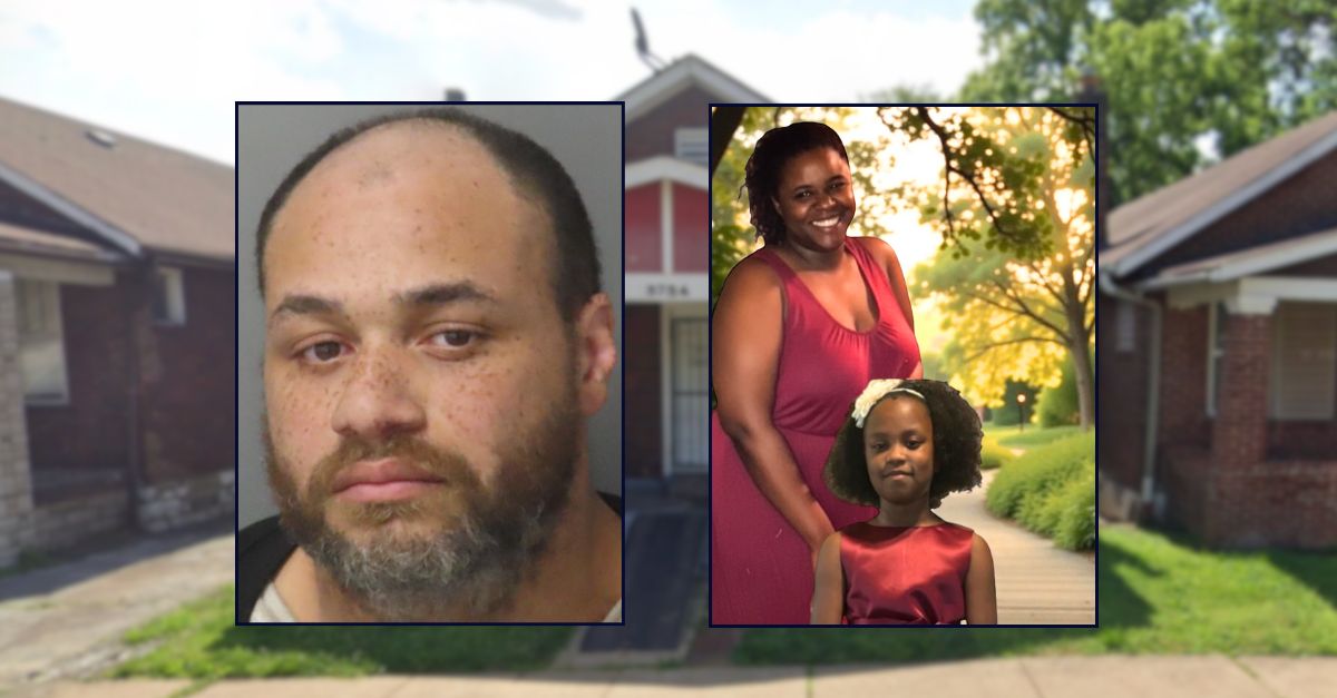 Michael McNair appears inset in a booking photo, on the left; Latasha Brown and Paige Buckner appear inset on the right; in the background is a house in Missouri.
