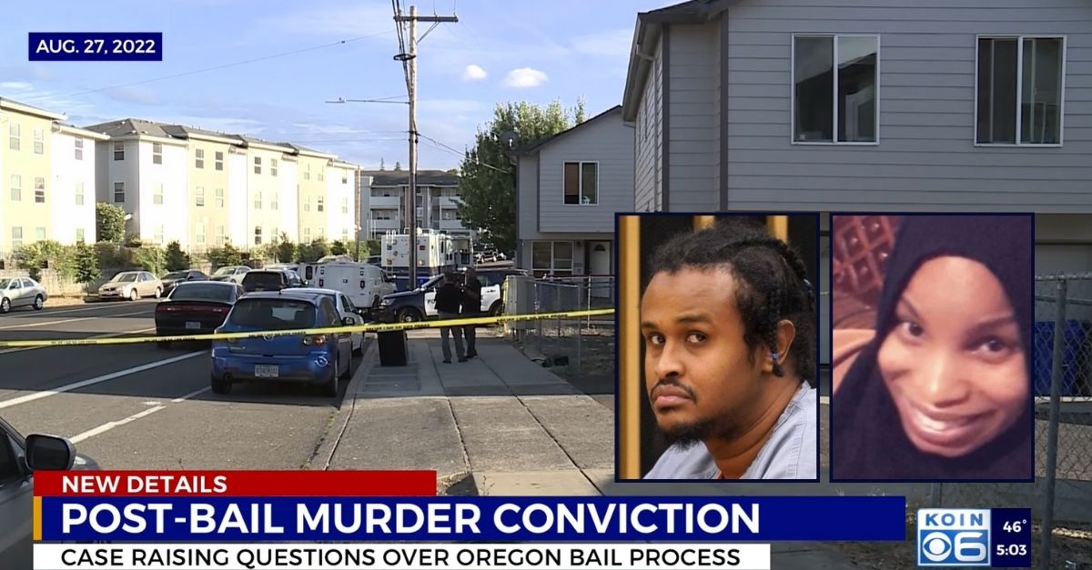 Left inset: Mohamed Adan (Multnomah County District Attorney). Right inset: Racheal Abraham (KOIN/YouTube). Background: Oregon police at apartment where Racheal Abraham was murdered by her boyfriend Mohamed Adan (KOIN/YouTube).