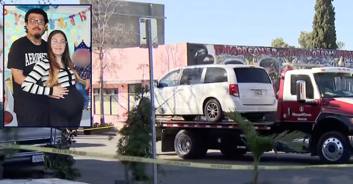 Inset: Ruben Chavez and Evelyn Virgen (GoFundMe). Background: The area in San Diego where the victims were killed in front of three young children (KFMB).