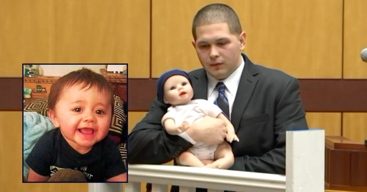 Inset: Aaden Moreno. Background: Tony Moreno reenacting what he claims happened the day he threw his 7-month-old son, Aaden Moreno, from a bridge in Connecticut (WTIC). 