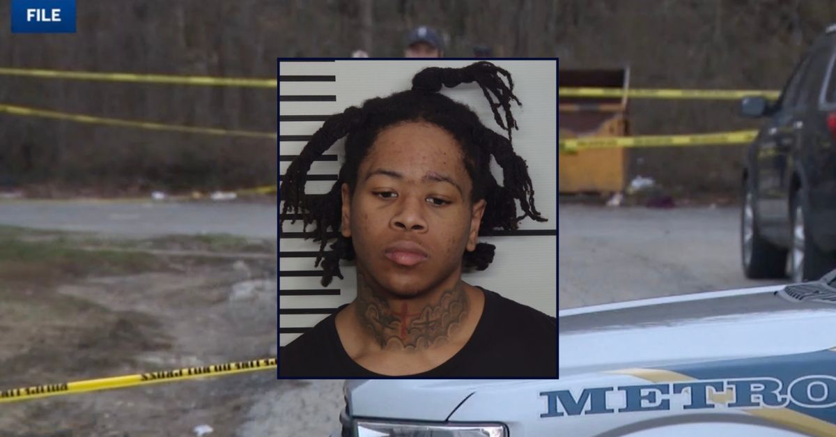 Inset: Daontez Hodges. (Louisville Metro Corrections Center). Background: Authorities at the scene where Hodges allegedly killed a man last month (WLKY).
