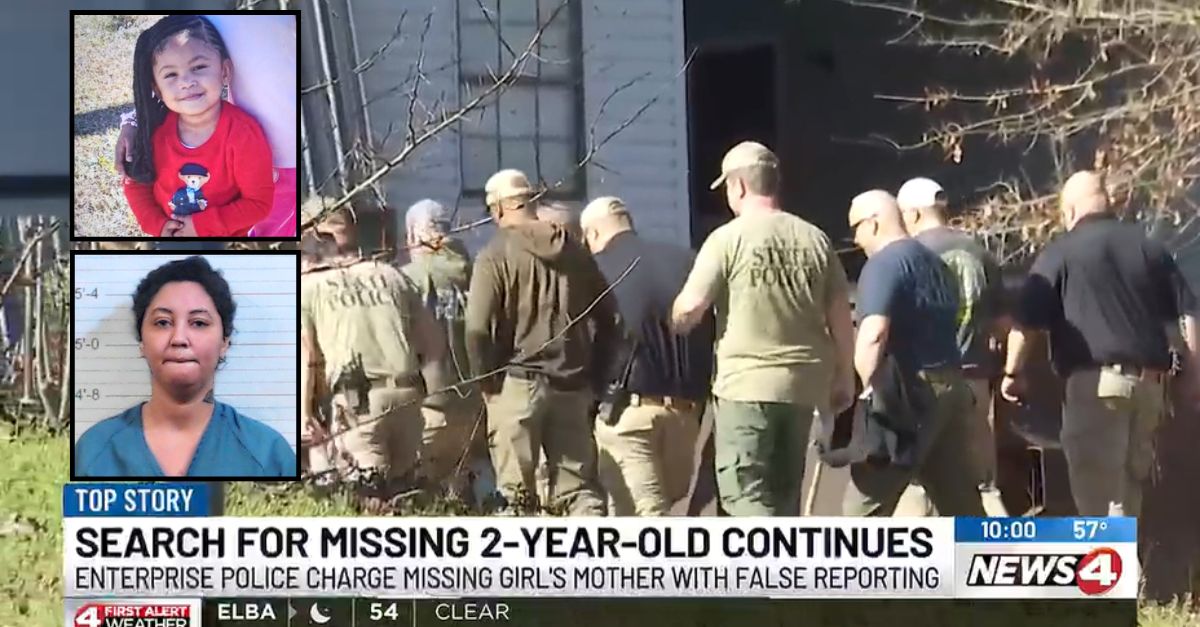 Insets, top to bottom: Genesis Reid (Enterprise Police Department), Adrienne Reid (Coffee County Jail). Background: Cops search for Genesis Reid in Enterprise, Alabama (WTVY).