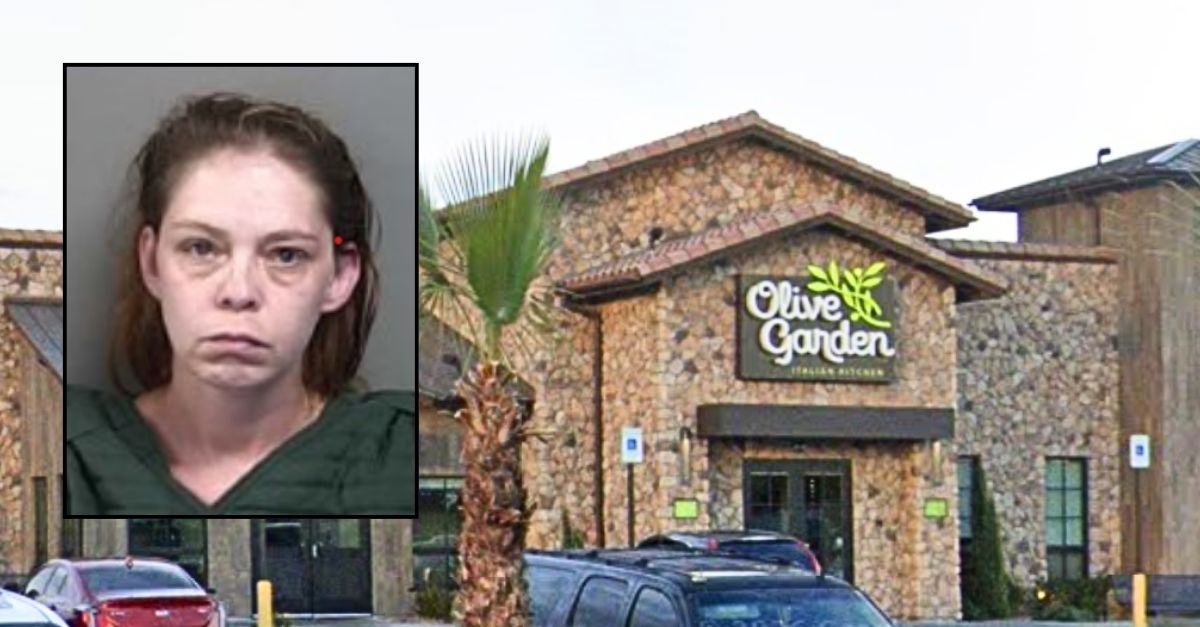 Inset: Andrea Roman (North Las Vegas Police Department). Background: The Olive Garden in North Las Vegas where Andrea Roman allegedly ran over her boyfriend's head and killed him (Google Maps).