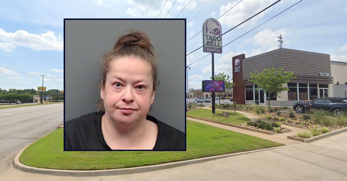 Andrea Tanner appears in a booking photo inset against an image of a Taco Bell in Texas.