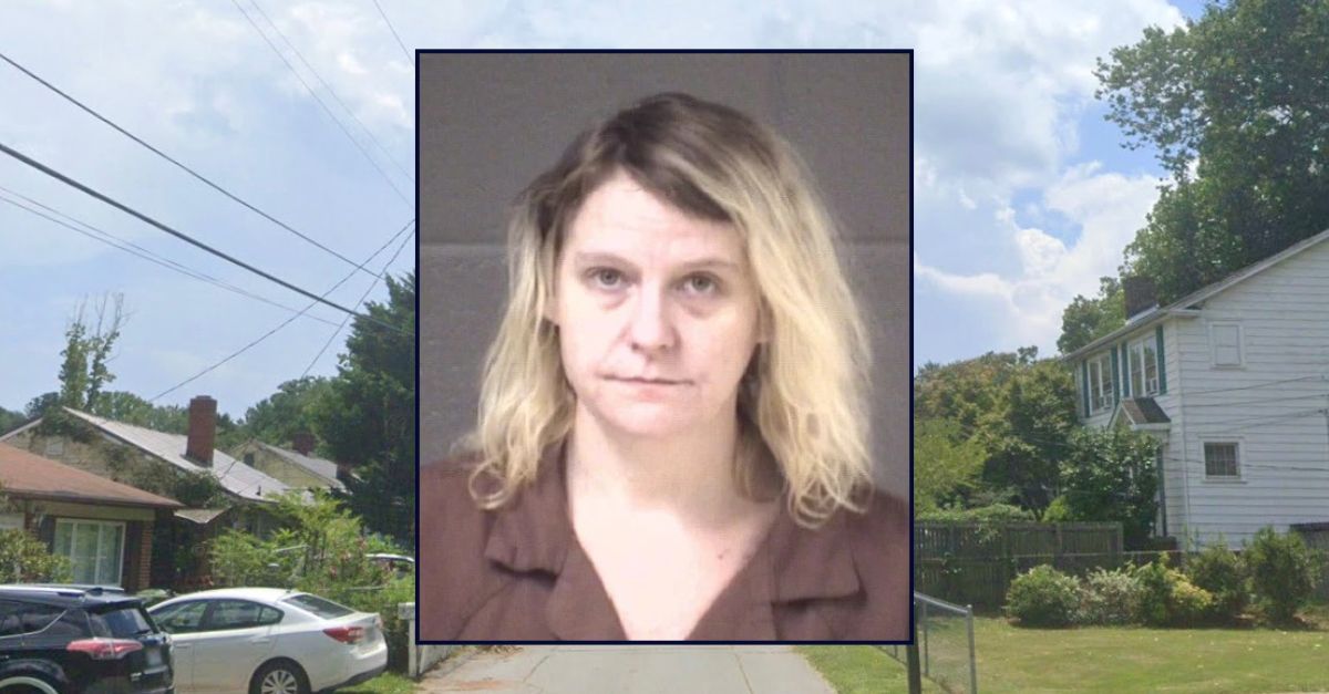 Inset: Jessica B. Ferland (Buncombe County District Attorney's Office). Background: The street in North Carolina where Ferland killed her boyfriend (Google Maps).
