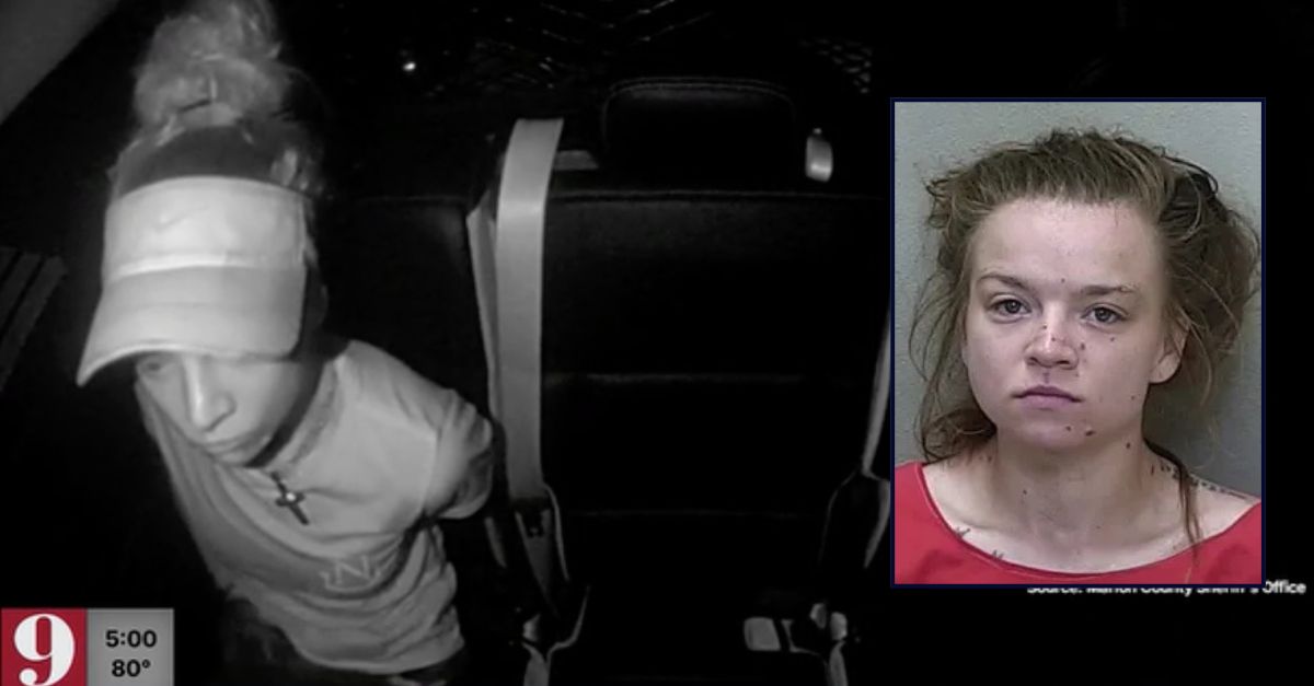 Inset: Rheanna D. Harden (Marion County Sheriff's Office). Background: Harden handcuffed in the backseat of a deputy's car before shooting at him last year (WFTV/MCSO).