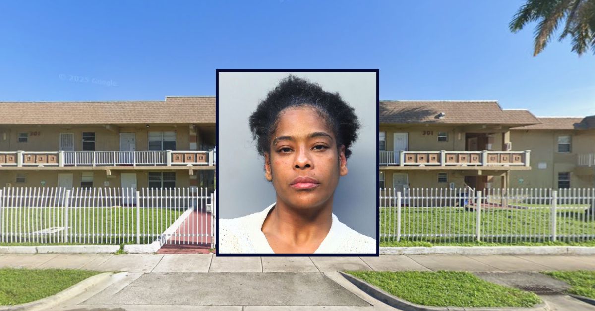 Inset: Jaqueline Rodriguez (Miami-Dade Corrections). Background: The 300 block of NW 177th Street in Miami, Florida, where Rodriguez allegedly stabbed the father of her child (Google Maps).
