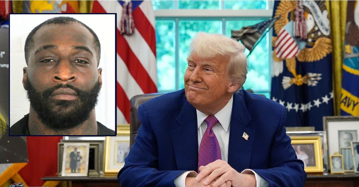 Main: President Donald Trump smiles as he speaks in the Oval Office of the White House, Tuesday, May 20, 2025, in Washington (AP Photo/Alex Brandon). Inset: Jauan R. Porter (Floyd County Sheriff