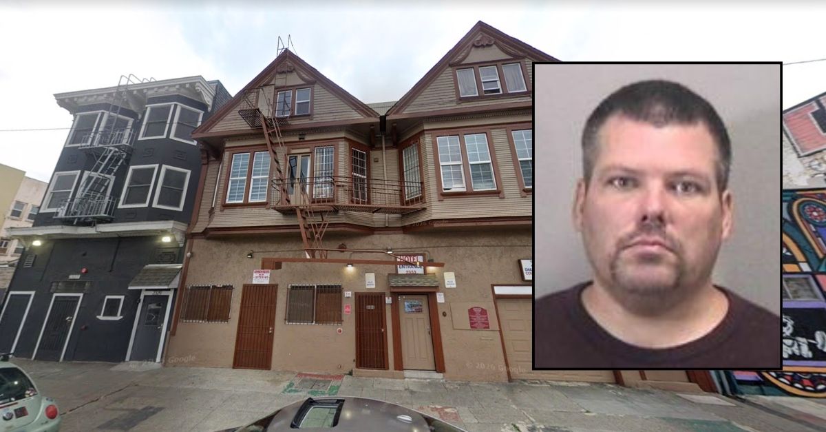 Inset: Jeffrey McMaster Jr. (California Department of Justice) Background: The residential hotel in California where Jeffrey McMaster Jr. allegedly beat a 49-year-old woman to death in full view of a security camera (Google Maps).