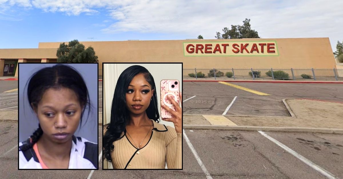 Insets: Justic Cofield (Glendale Police Department/Instagram). Background: The roller skating rinkl where Justic Cofield allegedly attacked a woman "to send a message" to her ex-boyfriend, who was dating the victim (Google Maps).