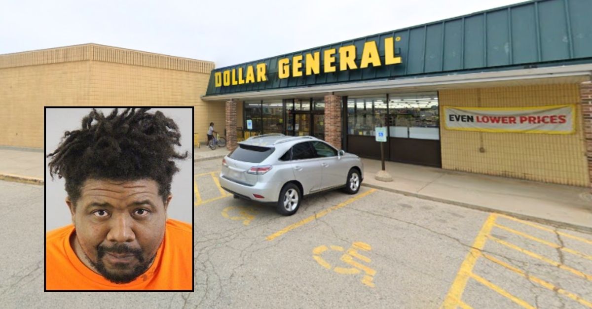 Inset: Lenard Hale (Waukesha County Sheriff's Office). Background: The Dollar General in Wisconsin where Lenard Hale allegedly mowed down a former coworker after being fired (Google Maps).