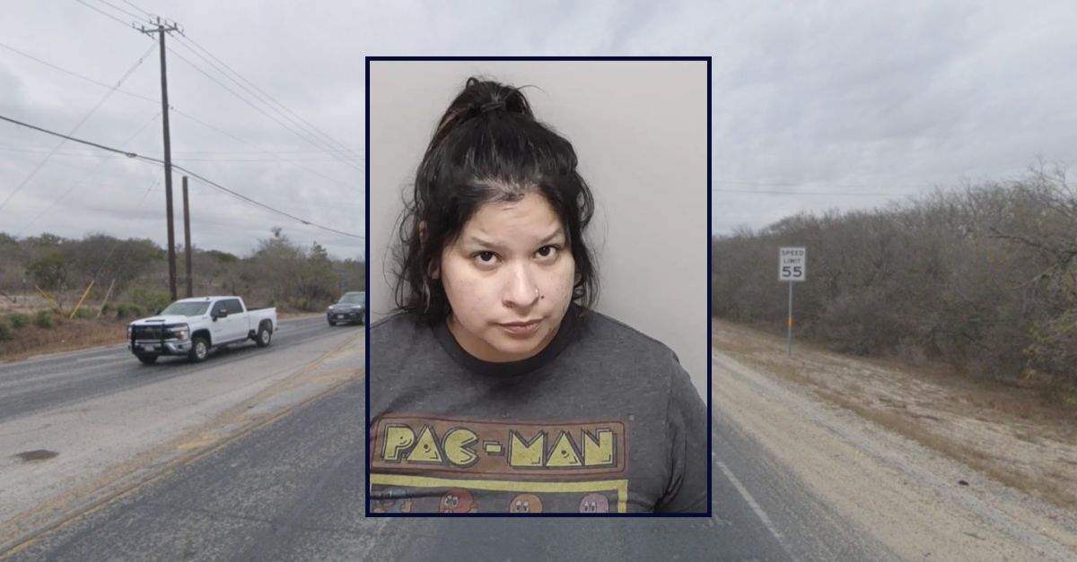 Lucia Cruz appears in a booking photo inset against an image of a highway in Texas.
