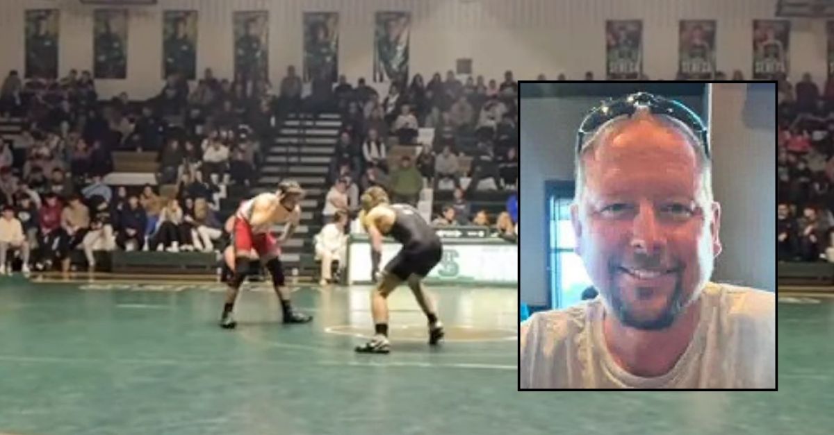 Inset: Oron Beebe (Gardner Funeral Home). Background: Luke Humphrey, 18, in the red singlet wrestling in his first match of the season after being charged with manslaughter for allegedly killing New Jersey father Oron Beebe with a fatal punch (Hometown Athletic Network/YouTube). 