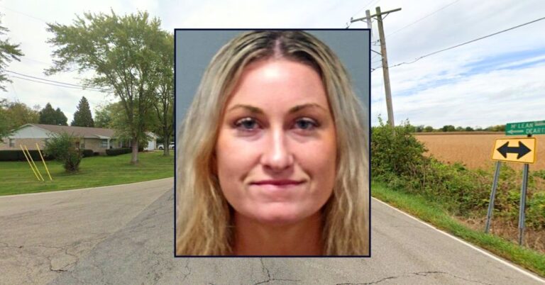 Inset: Olivia Clendenin (Warren County Sheriff's Office). Background: The 5500 block of Dearth Road in Warren County, Ohio, where Olivia Clendenin opened fire on a house where her estranged husband and new boyfriend were hanging out (Google Maps).