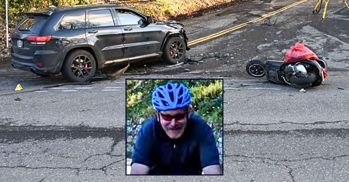Inset: Peter Pellegrin. Background: The crash scene after 74-year-old Peter Pellegrin was struck and killed by an Instacart driver who was allegedly "distracted" by the grocery delivery app (Spooner Staggs Trial Lawyers). 