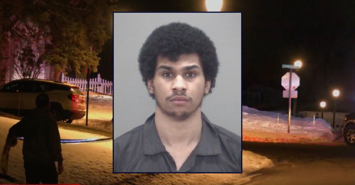 Inset: Alexander Lamar Banks, Jr. (Eaton County Sheriff's Office). Background: The intersection where Banks allegedly ran over and shot at a family in Michigan (WLNS).