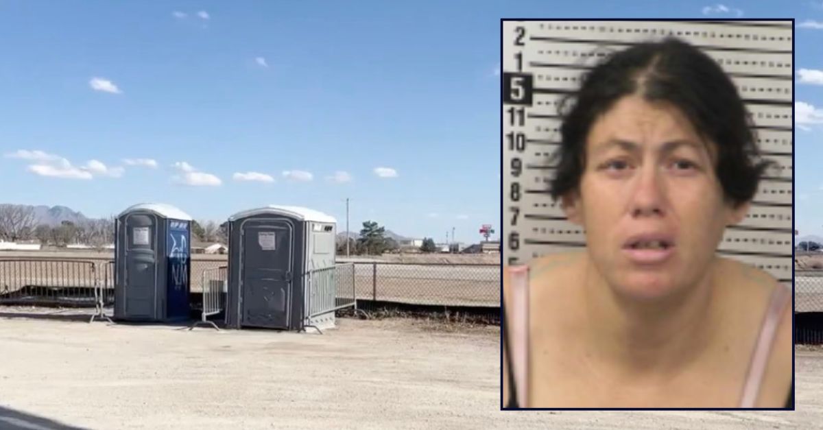 Sonia Cristal Jimenez (Las Cruces Police Department). Background: The portable toilets where Jimenez allegedly left her newborn daughter to die (KOAT).