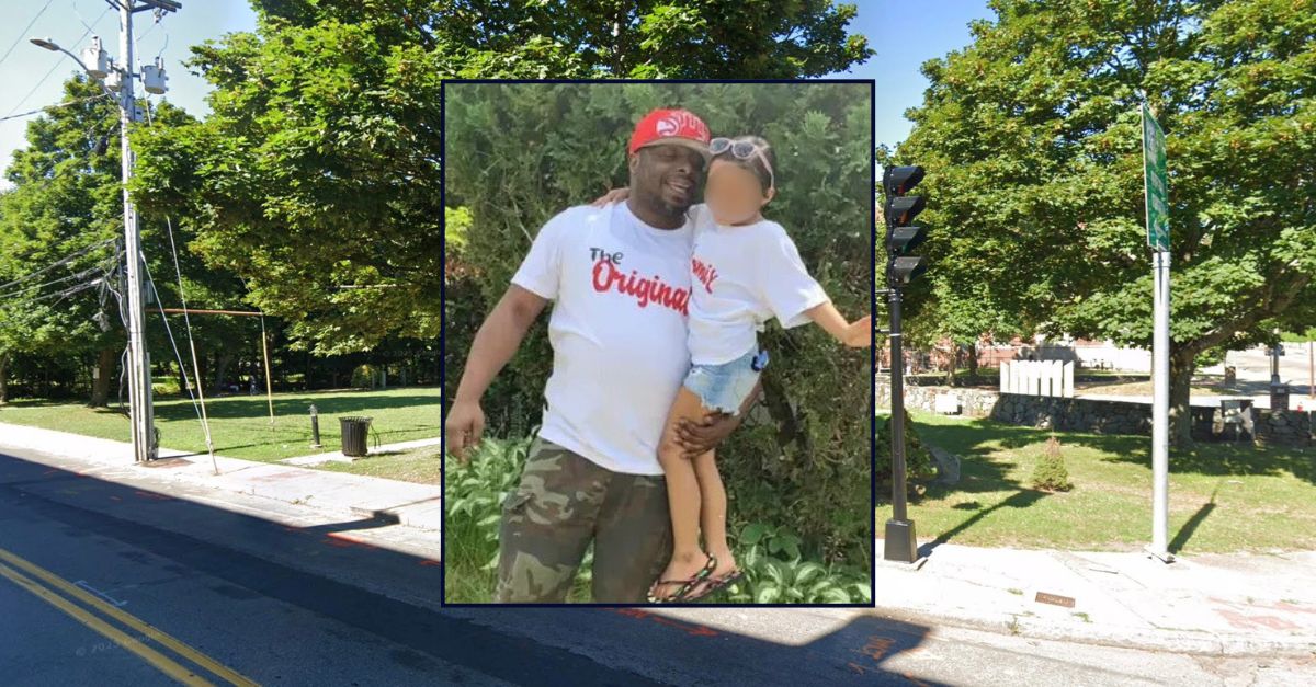 Inset: Mike Jonas and his 11-year-old daughter (Jonas family). Background: The Massachusetts park where Jonas was killed last year (Google Maps).