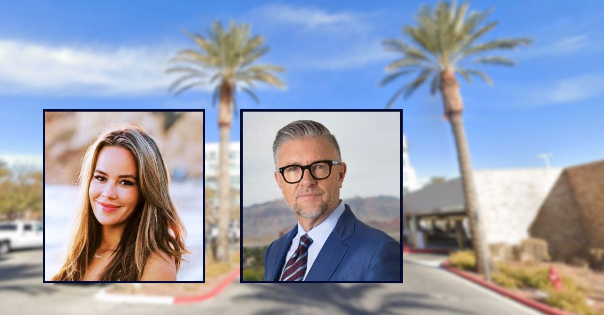 Ashley Prince, on the left; and Dennis Prince, on the right; inset against an office building in Las Vegas, Nevada.