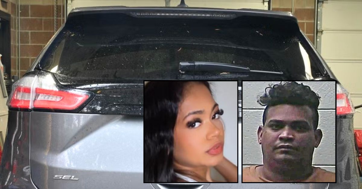 Left inset: Courtney Clinton (City of Vancouver, Wash.). Right inset: Dariel Nunez-Montero (Montgomery County Sheriff's Office). Background: The vehicle that Courtney Clinton was found dead in after being allegedly murdered inside of it by Dariel Nunez-Montero in front of her 1-year-old son (City of Vancouver, Wash.).