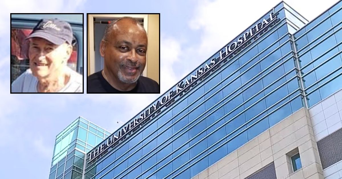 Left inset: Darrell Schroll. Right inset: Ron Wood (Facebook). Background: The University of Kansas Hospital, which is being sued by numerous people for medical malpractice and wrongful death for allegedly failing to properly sterilize and disinfect open-heart surgery equipment (WDAF/YouTube).