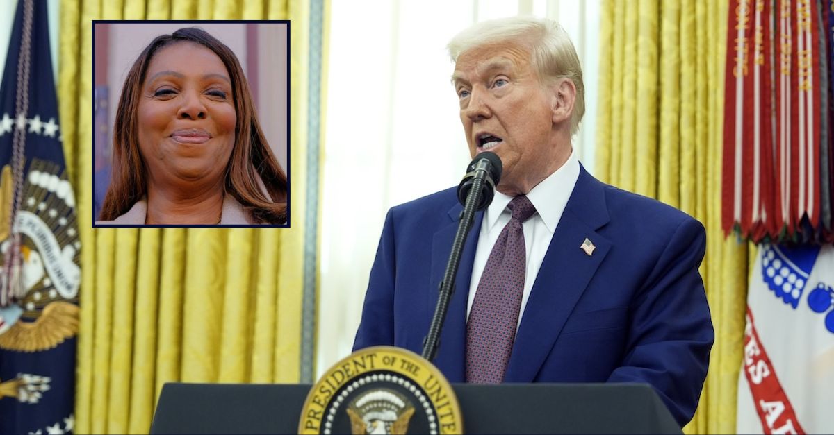 Letitia James inset against an image of Donald Trump in the White House.