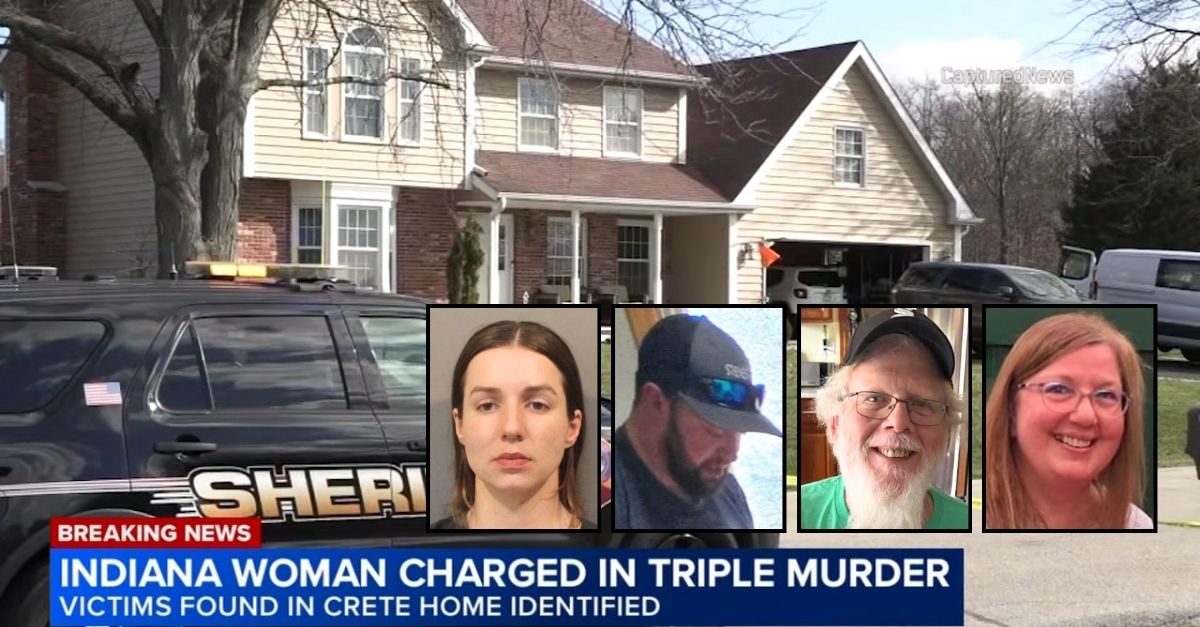 Insets, left to right: Jenna Strouble, Jacob Lambert, Stacy Forde and Patrick Forde (Will County Sheriff's Office/WLS/YouTube). Background: The Illinois home where Jenna Strouble allegedly shot and killed the father of her children, Jacob Lambert, and his parents Stacy Forde and Patrick Forde (WLS/YouTube).