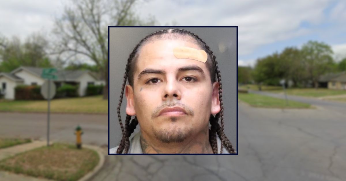 Joe Herrera appears in a booking photo inset against an image of a suburban street in Texas.