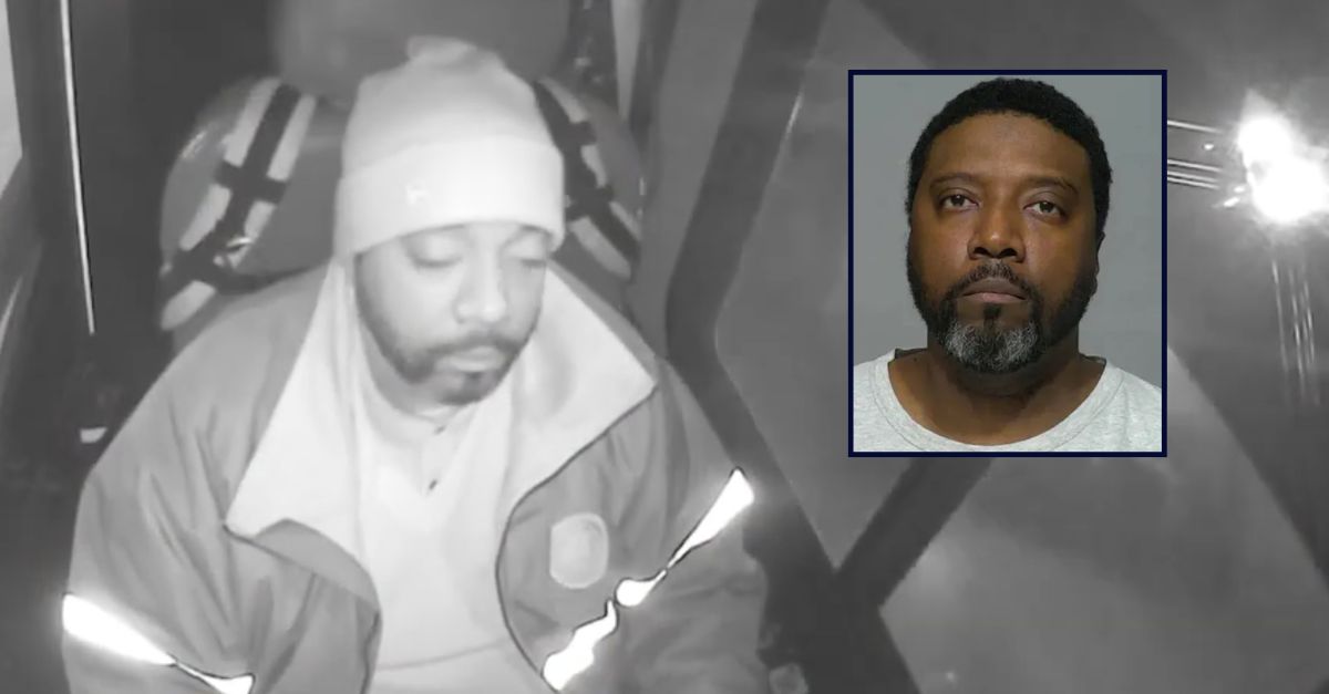 Montrell Pharm appears in a booking photo inset against a still image showing Pharm with his eyes closed while driving a bus.