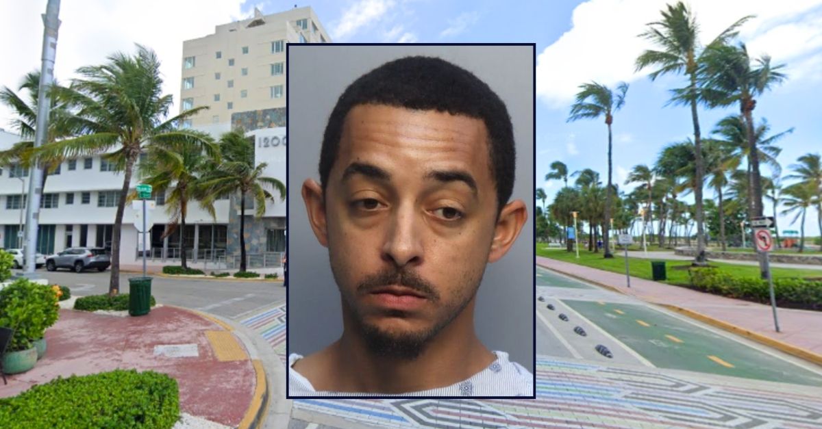 Inset: Olajuwon Dickerson (Miami Dade Corrections). Background: The area in Miami Beach where Olajuwon Dickerson allegedly stabbed his friend after the victim confronted Dickerson for stealing away women that they met at bars (Google Maps). 