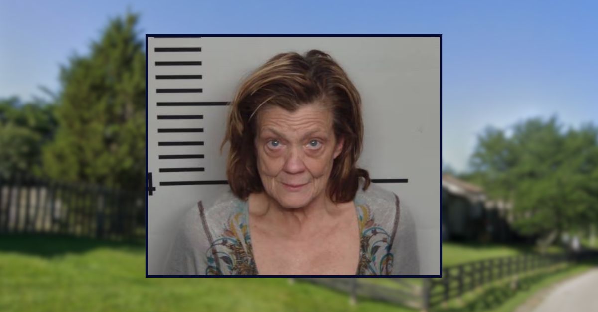 Elizabeth Radmacher appears in a booking photo inset against an image of an apartment complex in Kentucky.