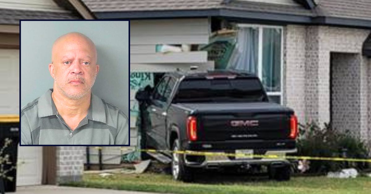Stanley Hardin appears in a booking photo inset against an image of a truck crashed into a house in Texas.