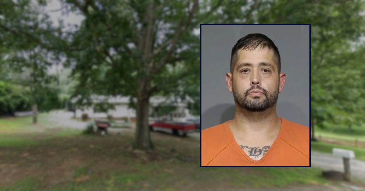 Stephen Buchanan appears in a booking photo inset against an image of a house in North Carolina.