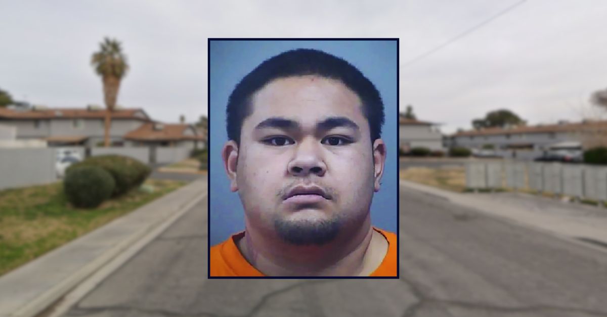 Leo'oolo Tevaseu appears in a booking photo inset against an image of a residential street in North Las Vegas.