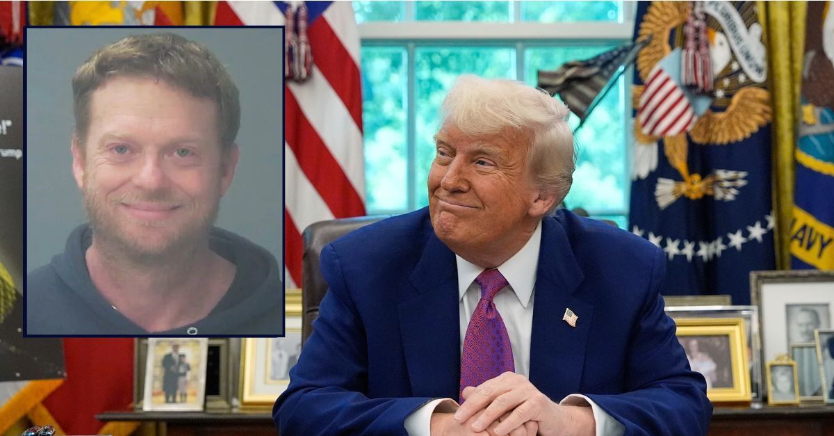 Main: President Donald Trump smiles as he speaks in the Oval Office of the White House, Tuesday, May 20, 2025, in Washington (AP Photo/Alex Brandon). Inset: Markus E. Hamlett (Escambia County Sheriff's Office).