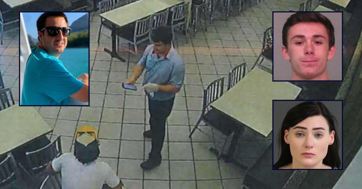 Inset, clockwise from top left: Christopher John Tsoulos (Kenneth W. Poe Funeral Services), Trysten Anthony Cullon (York County Sheriff) and Jade Stone (Charleston County Sheriff). Background: Chick-fil-A security footage showing Tsoulos giving his phone to Cullon (federal court documents).