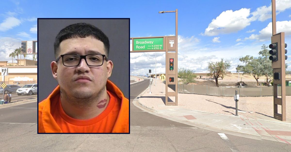 Adrian Aguilar appears in a booking photo inset against an image of an intersection in Arizona.