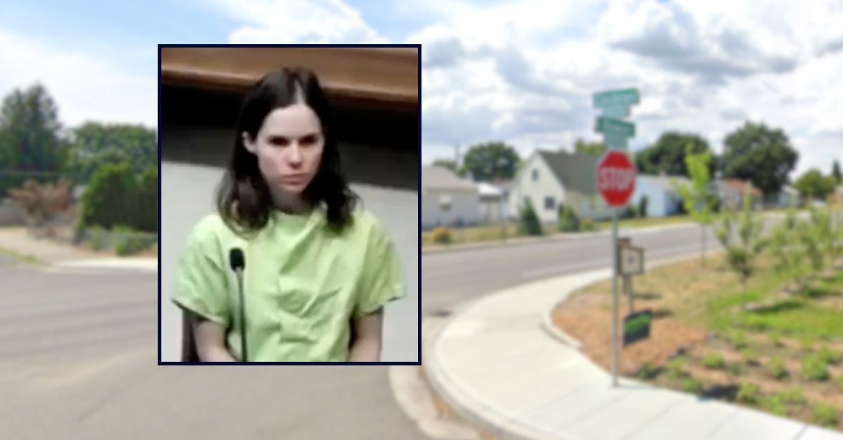 Alyssa Bradburn appears in court inset against an image of the residential area near where she killed her father in Washington.