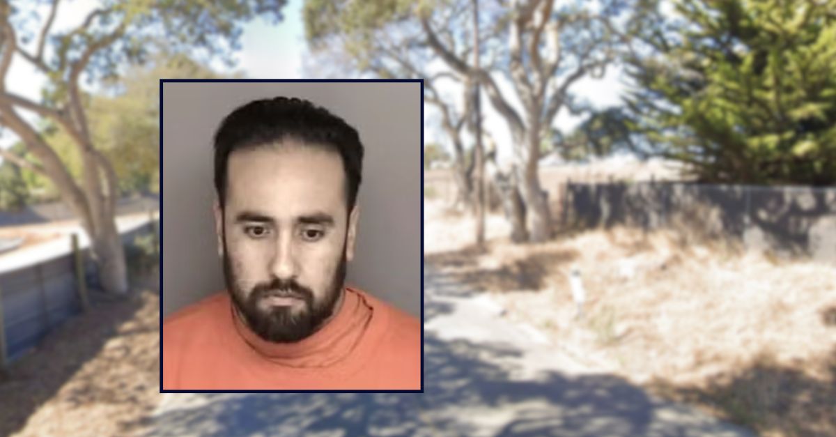Edgar Banuelos appears in a booking photo inset against an image of a rural road in California.