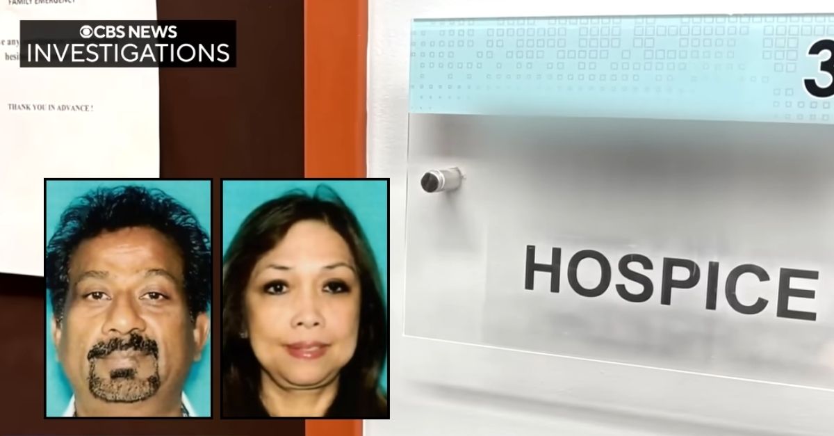 Insets, left to right: Hospice care owner and operators Gladwin and Amelou Gill (DOJ). Background: One of the hospice care company offices where health workers allegedly defrauded the federal government by pretending patients were dying (KCBS/YouTube),