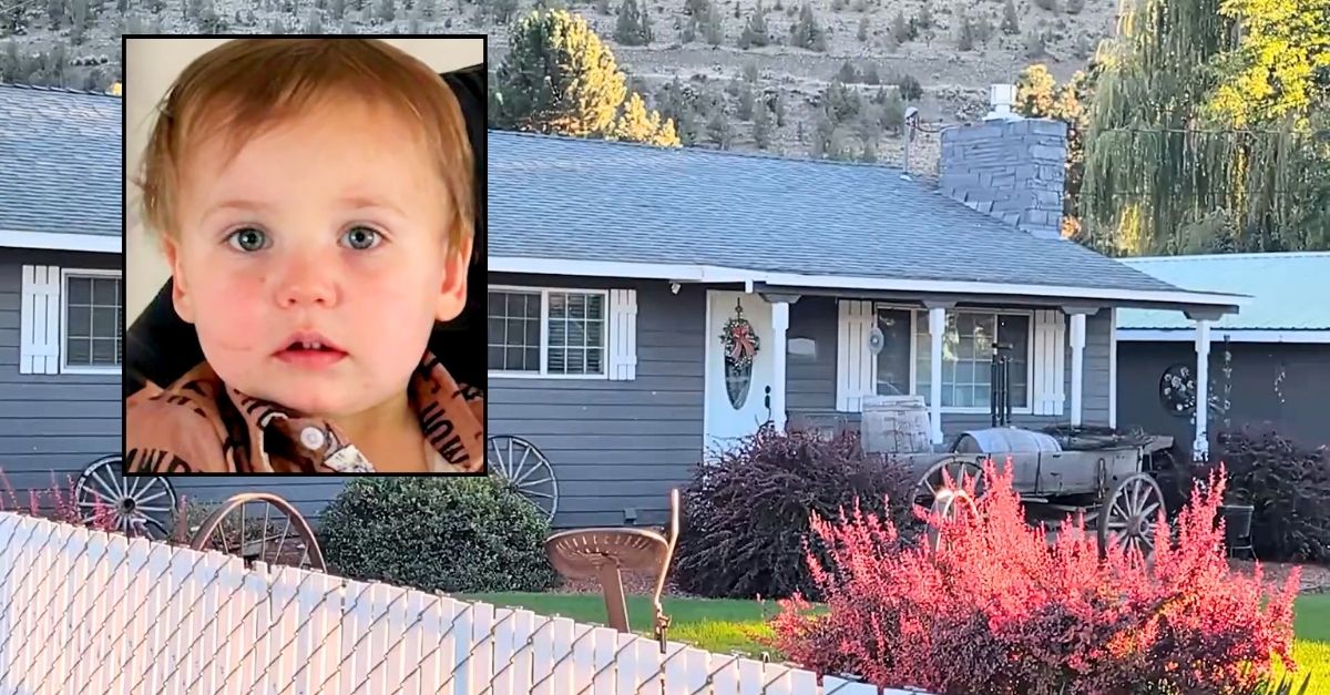 Inset: Heath Rictor (Button Law Firm). Background: The Oregon home where cops say unlicensed day care operator Tralina Fulton was watching Heath Rictor when he fell into an animal trough and drowned (KTVZ/YouTube).