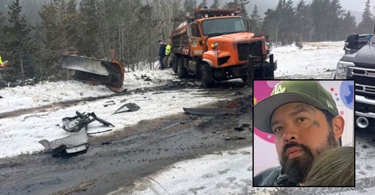 Inset: Manuel Alejandro Lorenzana Villegas (GoFundMe). Background: The aftermath of the fatal plow crash in Colorado that claimed the life of Manuel Alejandro Lorenzana Villegas (Colorado State Patrol).