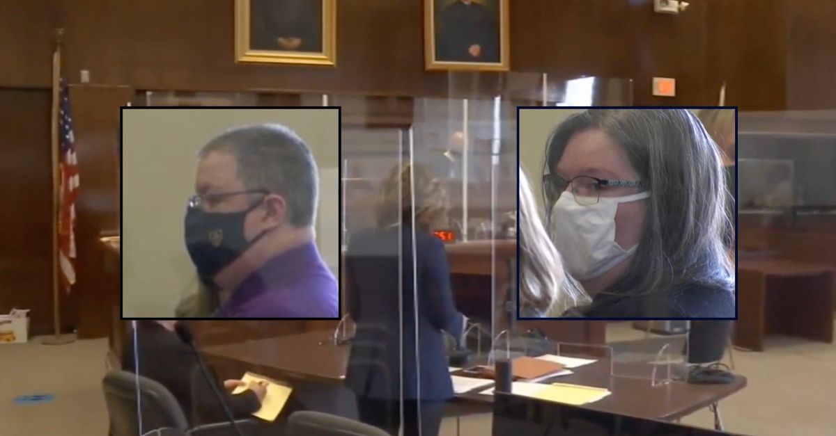 Inset, left to right: Matthew Tucker and Cassandra Barlow-Tucker in court (WRGB). Background: The courtroom where the defendants were sentenced (WRGB).