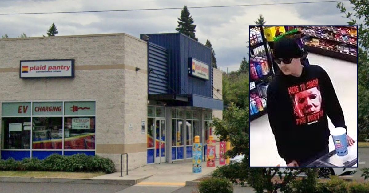 Inset: The suspect accused of killing a Plaid Pantry cashier in Oregon, identified by police as Michale J. Paine (Portland Police). Background: The Portland Plaid Pantry location where Paine allegedly killed the cashier (Google Maps).