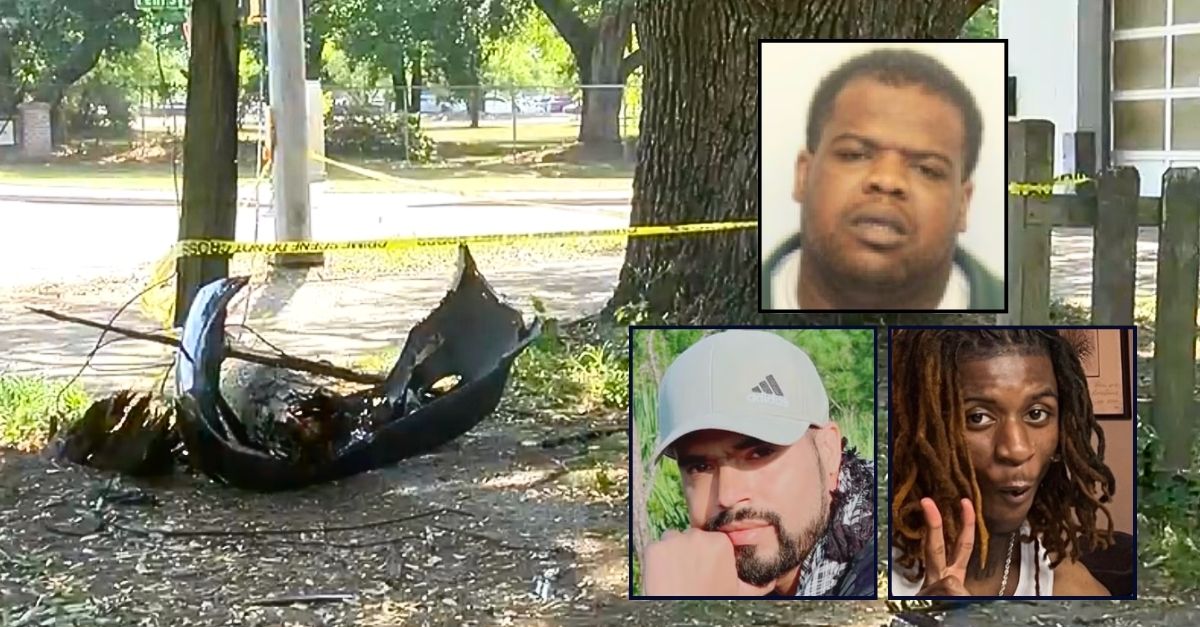 Insets, clockwise from top: Quadramel Williams, Trejon Anthony and Habibullah Azizi (Chatham County Sheriff's Office/GoFundMe). Background: The scene of the crash where Georgia Lyft driver Habibullah Azizi and passenger Trejon Anthony were allegedly killed by Quadramel Williams as he fled from police (WTOC).