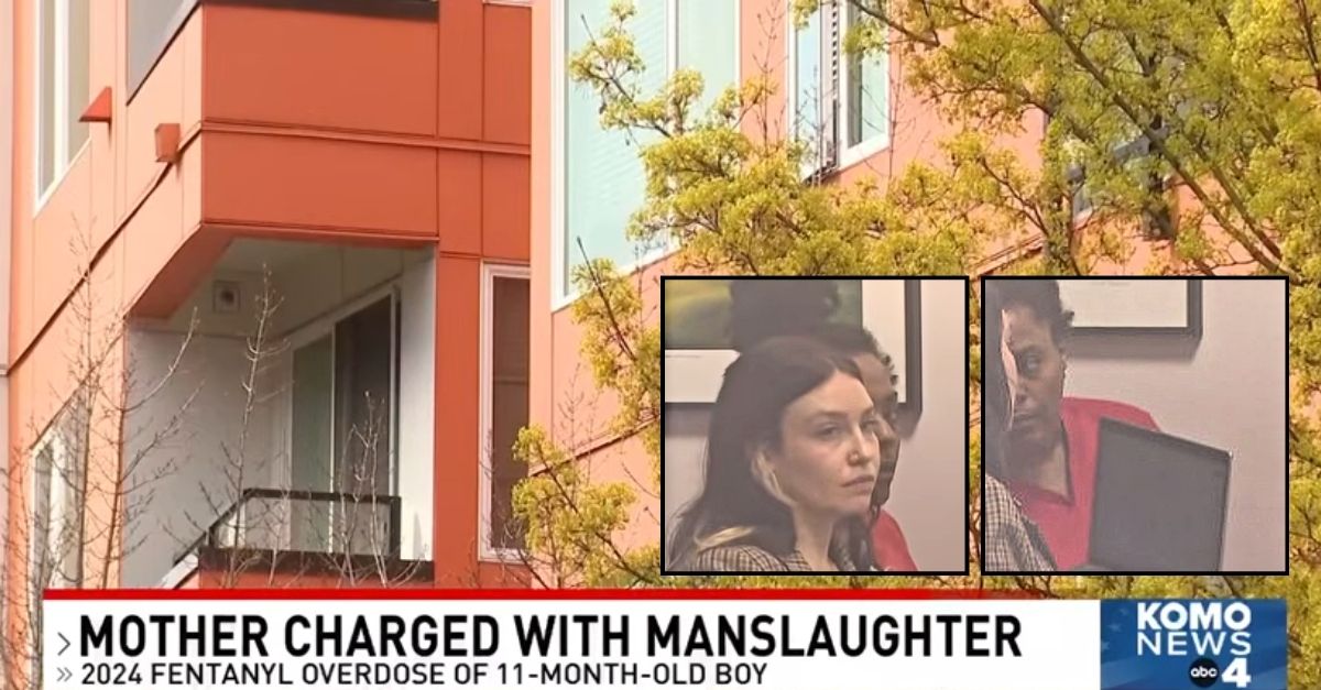 Insets: Safarah Red in King County Superior Court in Seattle, Wash. (KING/Youtube). Background: The apartment building where Safarah Red