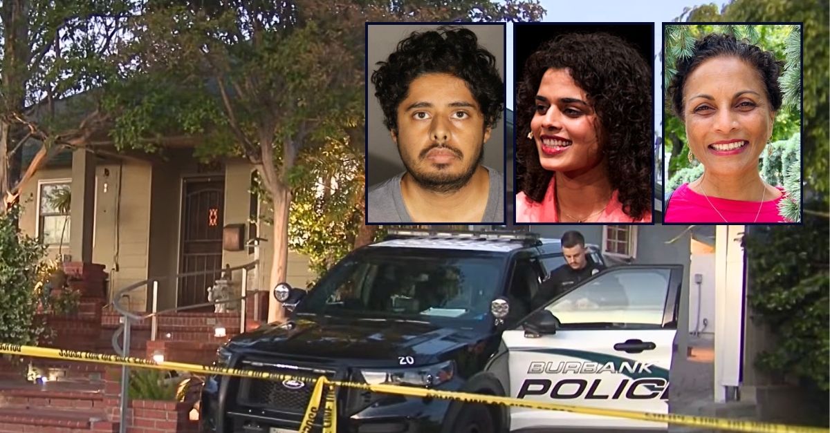 Left inset: Sergio Fraire (Burbank Police Department). Center inset: Meera Varma (TEDx/Meera Varma). Right inset: Arti Varma (Facebook). Background: The California home where Sergio Fraire allegedly butchered nationally recognized mental health activist Meera Varma and her mother Arti Varma, who is a public school teacher (KTLA/YouTube).