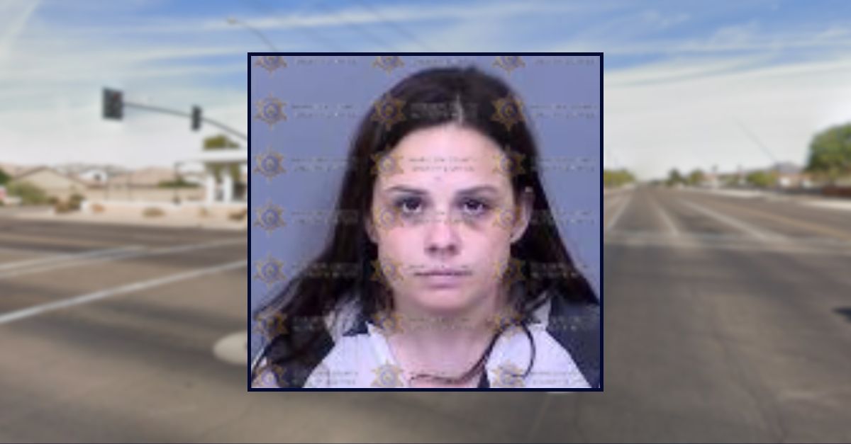 Taylor Roediger in a booking photo inset against an image of an intersection in Arizona.